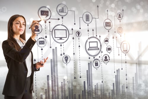 Preview: Attractive European Businesswoman With Creative Digital Business Interface Standing In Blurry