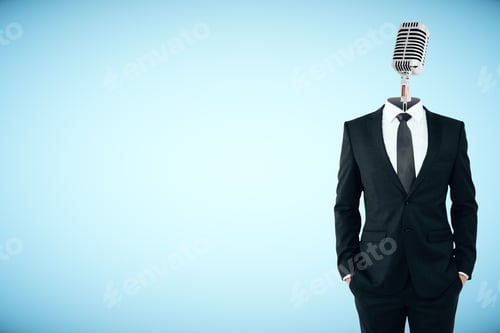 Preview: Microphone Headed Businessman On Blue Background With Copy Space. Speech Concept