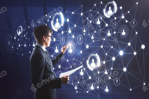 Preview: Businessman Drawing Abstract Digital Business Screen On Creative Background. Finance And Innovation
