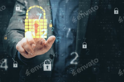 Preview: Businessman Hand Using Digital Crime And Internet Security Hologram With Lock Icons. Safety And