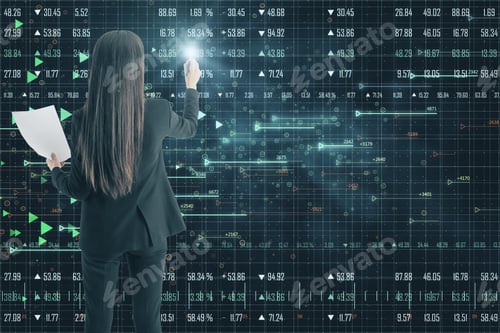 Vista previa: Back View Of Young Businesswoman Using Abstract Big Data And Finance Interface. Technology