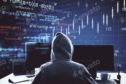 Preview: Hacker Using Computer With Big Data Mathematical Formulas Hologram. Technology And Innovation
