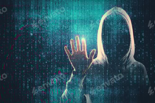 Preview: Hacker On Abstract Concrete Blue Interface With Binary Code. Hacking And Theft Concept. Double