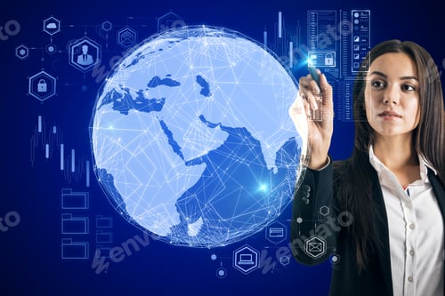 Preview: Global Trading Concept With Trader Business Woman Touching Digital Screen With Earth Globe At Blue