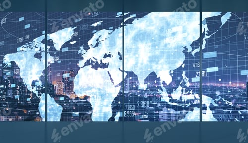 Preview: Contemporary Interior With City View And Global Business Plan On Windows. Trade And Analysis