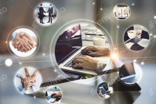 Preview: Online Social Networking Concept With Using Laptop, Shaking Hands, Drinking Coffee And Making Notes