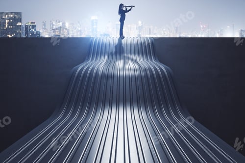 Preview: Side View Of Thoughtful Young Businesswoman With Telescope Standing On Abstract Wave Staircase On