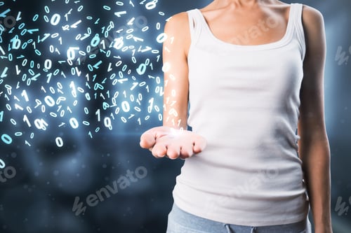Preview: Unrecognizable Casual Woman Holding Abstract Binary Code. Technology And Tech Concept