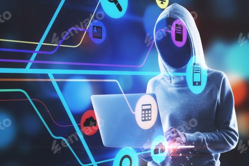 Preview: Technology And Hacking Concept. Hacker Using Laptop With Creative Digital Business Interface Tree