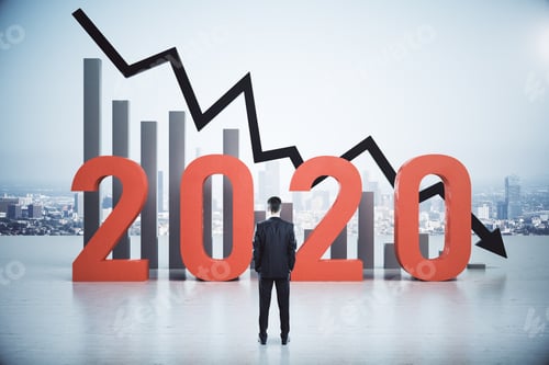 Preview: Pencive Businessman Looking On Falling Stock Chart And 2020 Text. Business Crisis And Financial