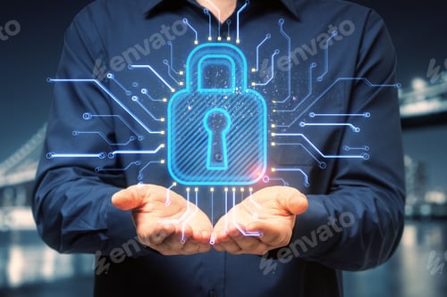 Preview: Close Up Of Businessman Hand Holding Abstract Glowing Padlock Hologram On Blurry Night City