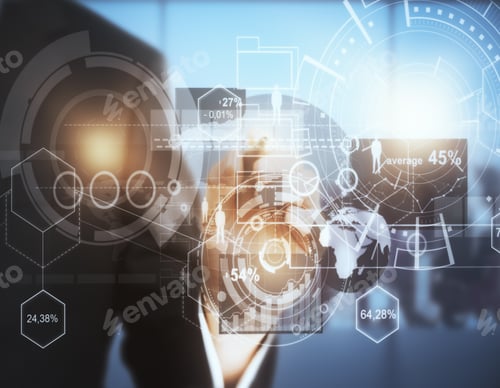 Vista previa: Businessman Hand Drawing Abstract Digital Business Graph Screen On Blurry Interior Background
