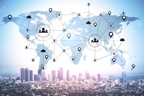 Preview: Remote Work Hologram On Abstract Skyscraper Background. Communication And Networking Concept.