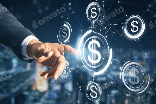 Preview: Close Up Of Male Hand Pointing At Glowing Digital American Dollar Interface Hologram On Blurry