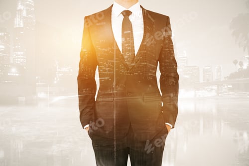 Preview: Body In Suit And Tie On Abstract City Background With Sunlight. Double Exposure
