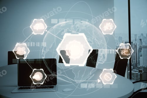 Preview: Modern Meeting Room With Laptop, Digital Business Hologram And City View. Media Concept. Double