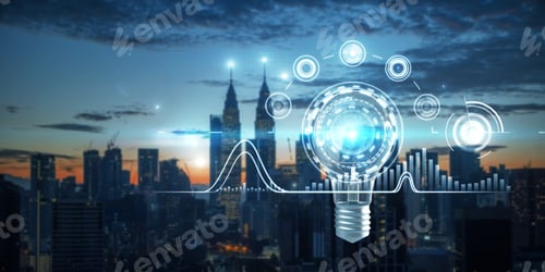 Preview: Creative Glowing Business Interface With Glowing Light Bulb On Dark Night City Background