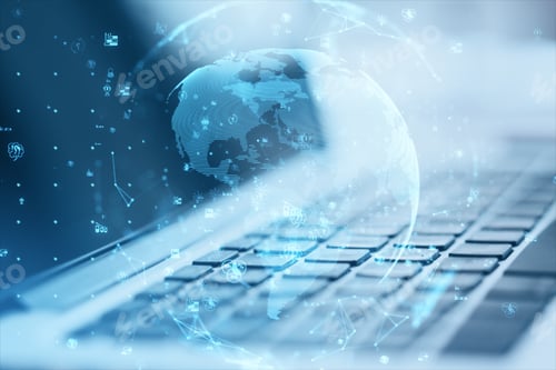 Preview: Close Up Of Laptop With Glowing Polygonal Globe And Social Icons On Blurry Background. Connect And