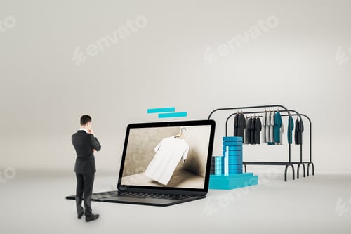 Preview: Creative Online Shopping Concept With Businessman Looking At Huge Laptop And Racks With Clothes On