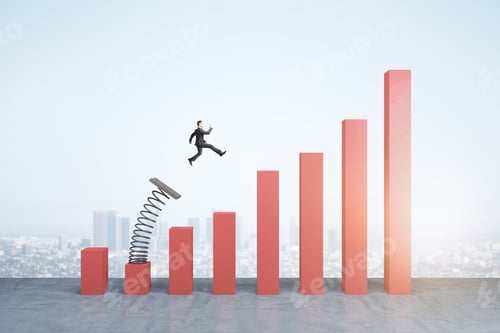 Preview: Concept Of Business Boost And Growth. Businessman Flying Off Of Springboard To Business Chart Top