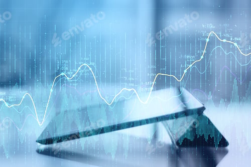 Preview: Close Up Of Tablet On Blurry Background With Creative Glowing Forex Chart Background. Finance