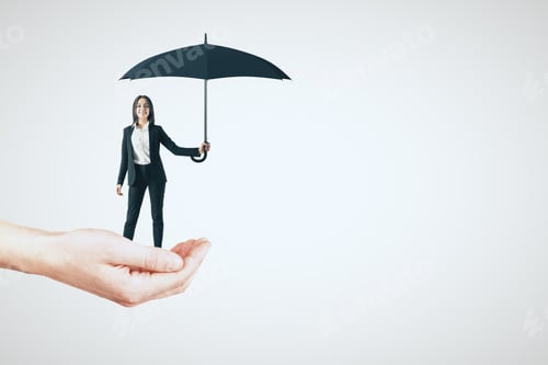 Preview: Hand Holding Businesswoman With Umbrella On Light Background. Success And Protection Concept