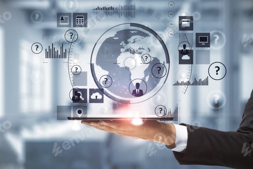 Preview: Businessman Hand Holding Tablet With Abstract Global Network Interface. Business And Technology