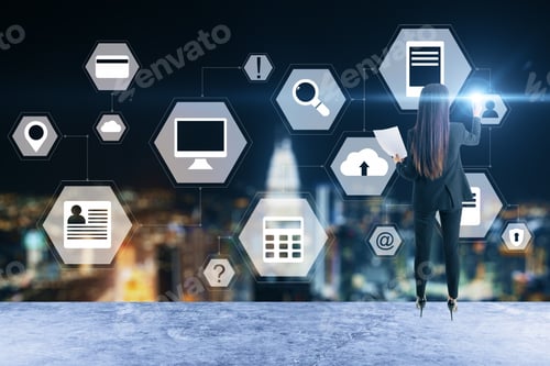Preview: Businesswoman Standing On Roof And Using Glowing Business Analytics Diagram. Human Resource