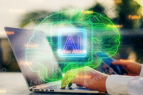 Preview: Side View And Close Up Of Hand Using Laptop With Circuit Brain Hologram. Artificial Intelligence