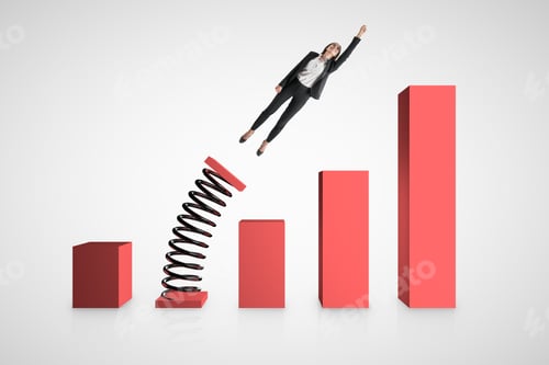 Preview: Businesswoman Launching On Spring Chart. Financial Growth And Success Concept.