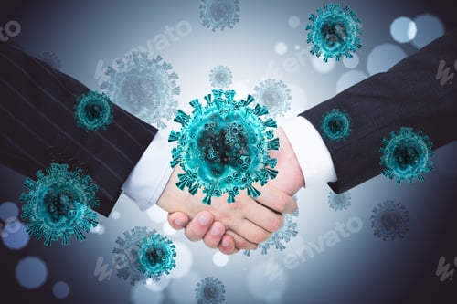 Preview: Handshake And Blue Coronavirus 2019-Ncov Flu Infection. Coronavirus Helath Crisis Concept.