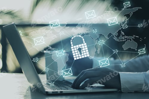 Preview: Side View Of Hands Using Laptop With Glowing Padlock Network Interface On Blurry Outdoor
