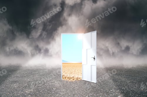 Preview: Creative Opportunity Door On Abstract Outdoor Sky Landscape Background. Success And Freedom Concept