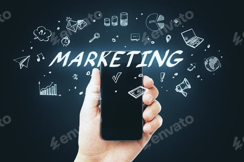 Preview: Hand Holding Smartphone With Abstract Glowing Marketing Sketch. Technology And Success Concept