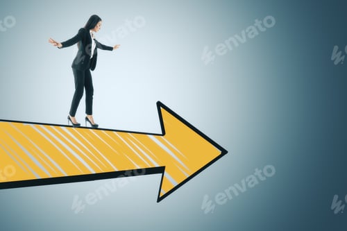 Preview: Young Businesswoman Walking On Abstract Drawing Yellow Arrow On Gray Background. Business And