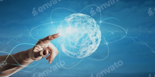 Preview: Close Up Of Businessman Hand Pointing At Abstract Polygonal Sphere On Blue Background. Metaverse