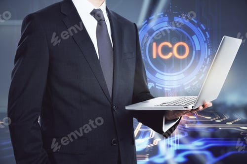 Preview: Businessman With Laptop Standing On Ico Hologram Background, Start Up And Decentralization Concept