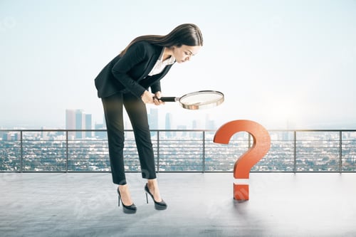 Preview: Businesswoman With Magnifying Glass Search Red Question Mark. Confusion And Challenge Concept