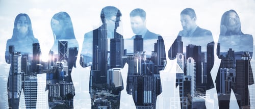 Preview: Businesspeople Working Together On Abstract City Background. Teamwork And Cooperation Concept