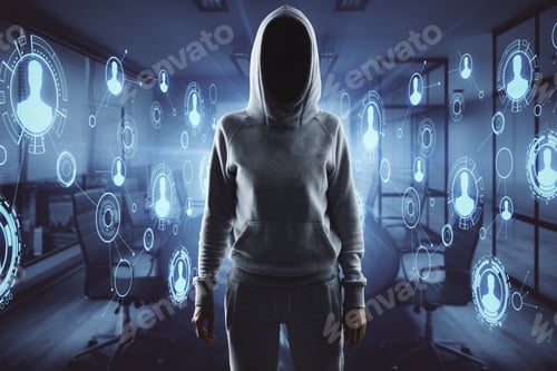 Preview: Hacker Standing In Abstract Interior With Digital Business Interface. Ransomware And Security