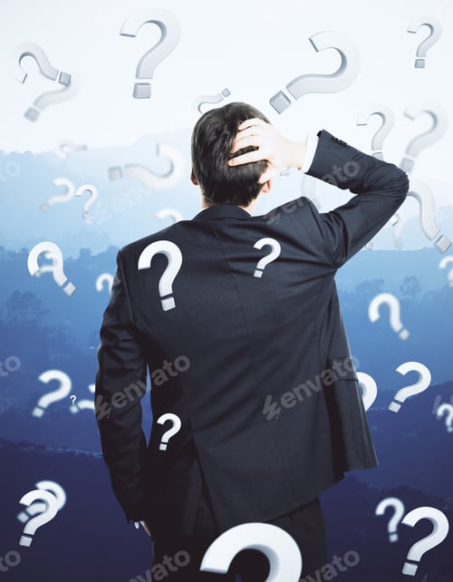 Preview: Back View Of Thinking Young Businessman On Landscape Background With Question Marks. Failure Concept