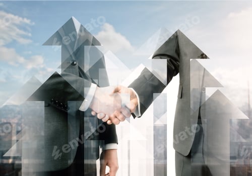 Preview: Abstract Arrow Handshake On City Background. Teamwork And Career Concept. Double Exposure