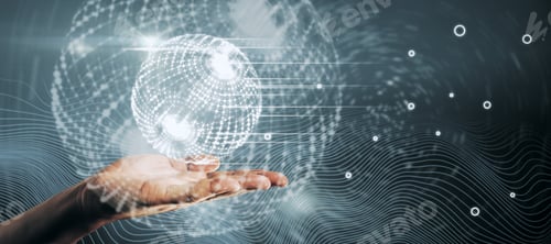 Preview: Male Hand Holding Creative Glowing Polygonal Globe Hud Interface On Blue Background. Network And