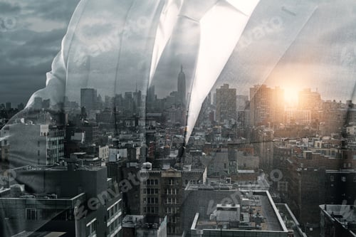 Preview: Transparent Businessman On Abstract City Background With Sunlight. Employment Concept. Double
