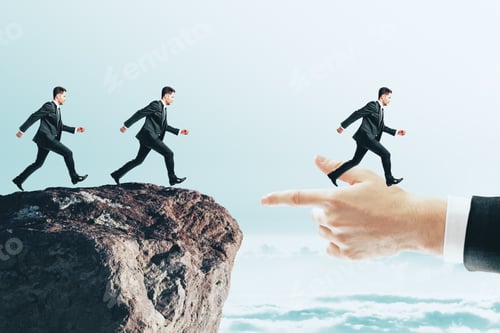 Preview: Businessmen Running To Hand From Cliff. Teamwork And Challenge Concept