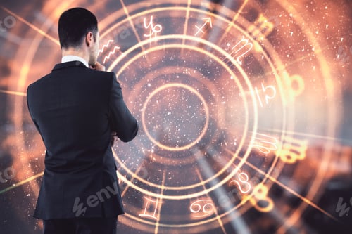 Preview: Back View Of Thoughtful Young European Businessman On Blurry Background Looking At Glowing