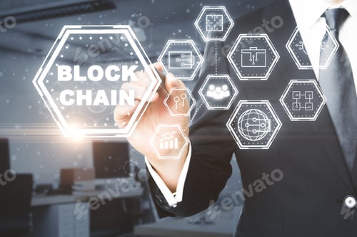 Preview: Cryptocurrency, Cryptography And Internet Concept. Businessman Hand With Abstract Digital Hologram