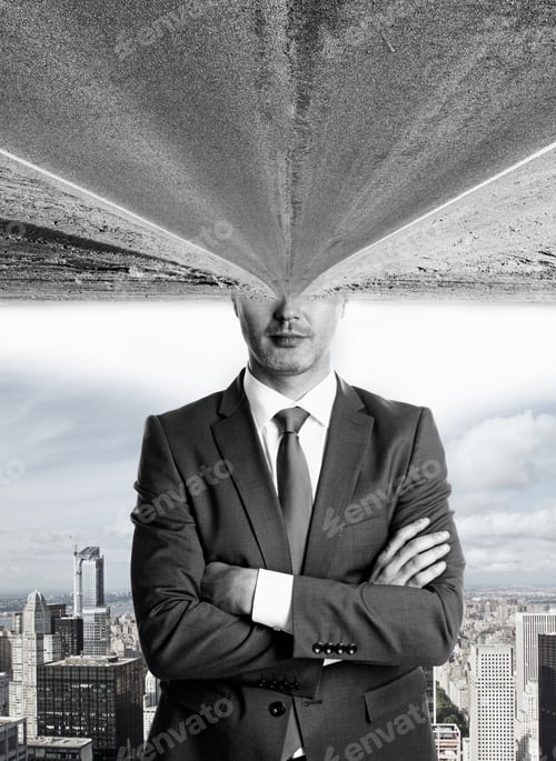 Preview: Businessman With Folded Arms And Abstract Road Head On City Background. Career Path Concept