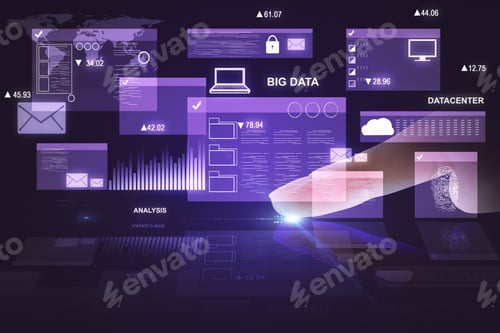 Preview: Hand Using Digital Business Interface Projection. Big Data And Innovation Concept. Double Exposure