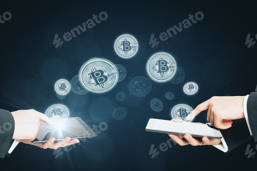 Preview: Bitcoins Transferring From Devices On Blurry Background. Cryptocurrency And Payment Concept